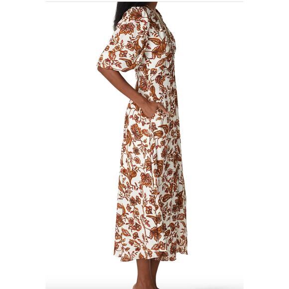 Nicholas Dress Womens 8 White Orange Floral‎ Printed Danielle Linen Midi - Picture 3 of 13